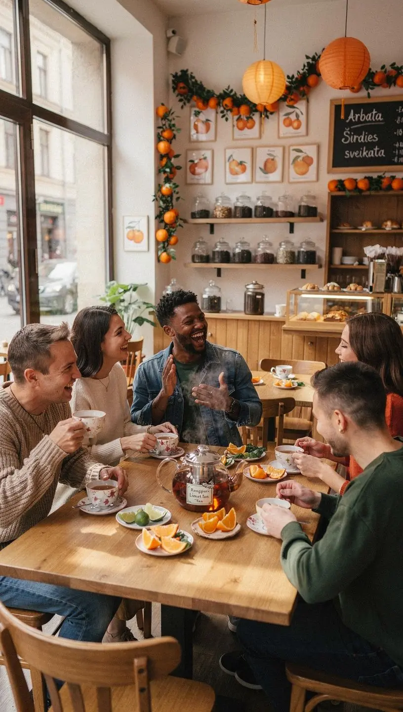 Žaliosios arbatos puodelis su citrusinių vaisių griežinėliais, skatinantis gerą savijautą.